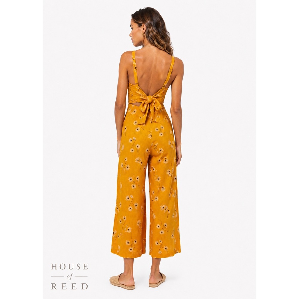 Faithfull‎ the Brand Yellow Floral Tie Back Wide Leg Jumpsuit US 6 AU 10 Rayon